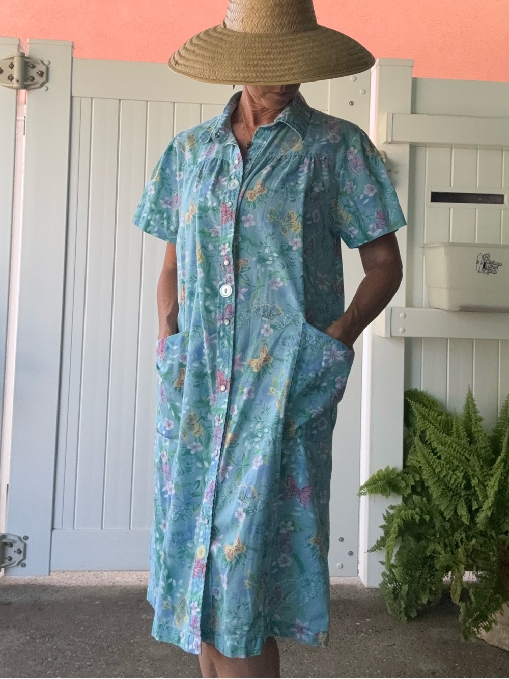 National Since 1952 Blue Butterfly Floral Muumuu House Dress M